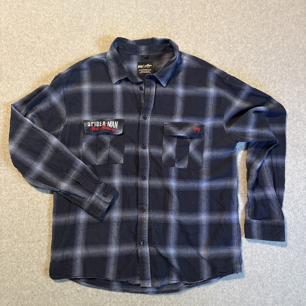 Spider-Man‎ Miles Morales Men's Flannel Long Sleeve Button Down Blue Sz L